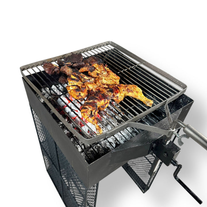 Imported robust charcoal grill with rotisserie cooking chicken and meat on the grates