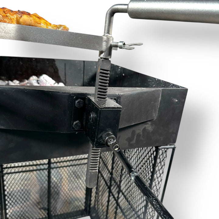 Imported robust charcoal grill with adjustable rotisserie and hot coals for outdoor cooking