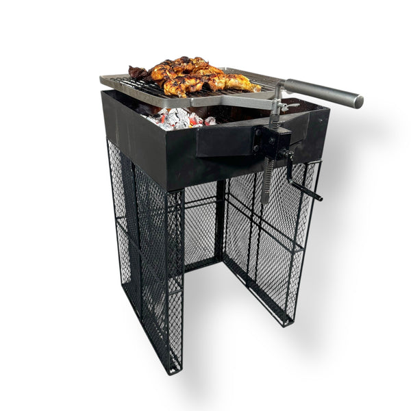 Imported robust charcoal grill with height-adjustable grate and cooked chicken