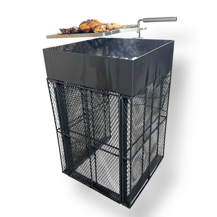 Imported robust charcoal grill with black metal grill, rotisserie, and mesh base
