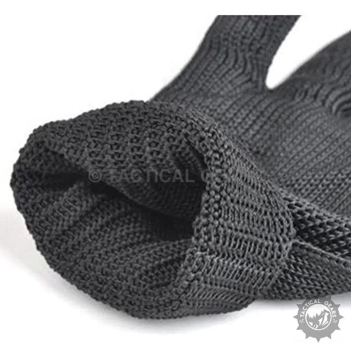 Black tightly-knit mesh tactical glove with reinforced wrist cuff for anti-cut anti-slip protection