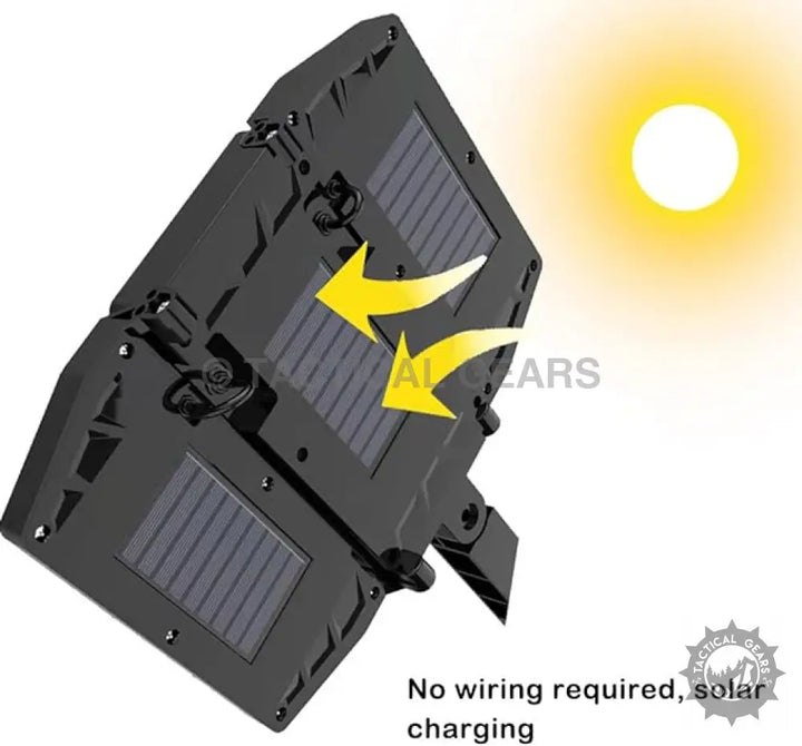 Black solar-powered floodlight with adjustable panels, IP65 waterproof motion sensor solar light