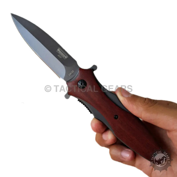 Jeep DA-133 folding knife with brown silver serrated santoku blade