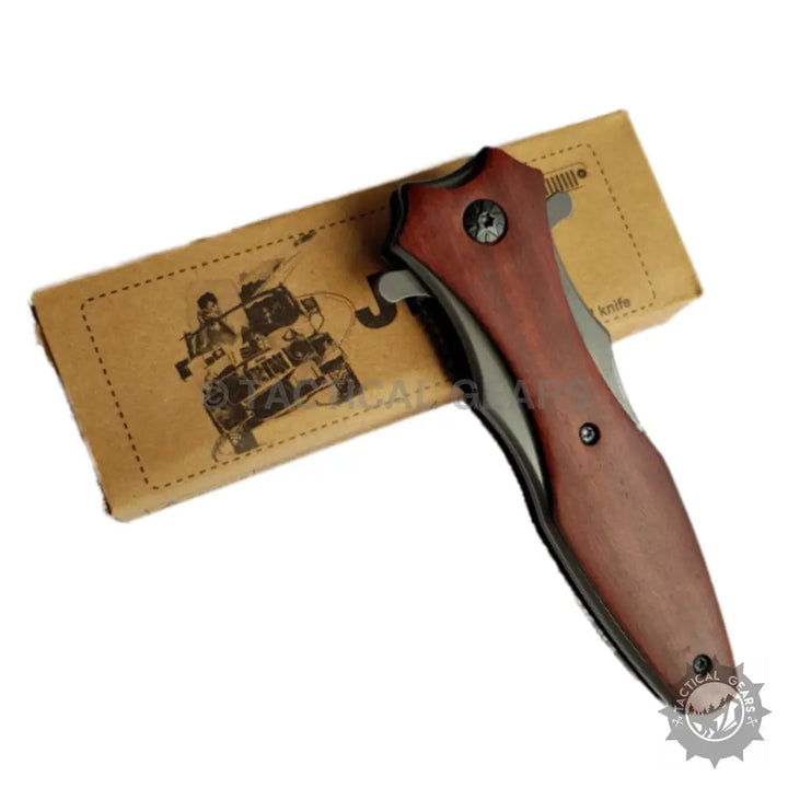 Jeep DA-133 folding knife with brown blade, black handle, ship leather sheath