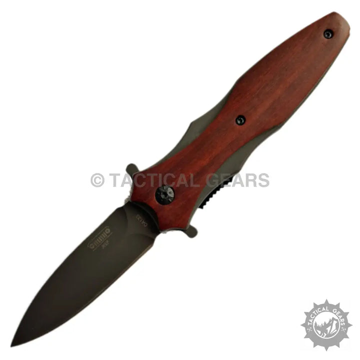 Jeep DA-133 folding knife with dark blade and reddish-brown handle