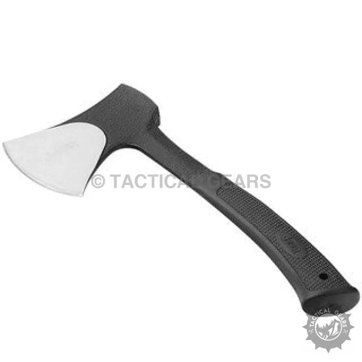 Jeep hunting axe with black handle, silver blade, rubber grip