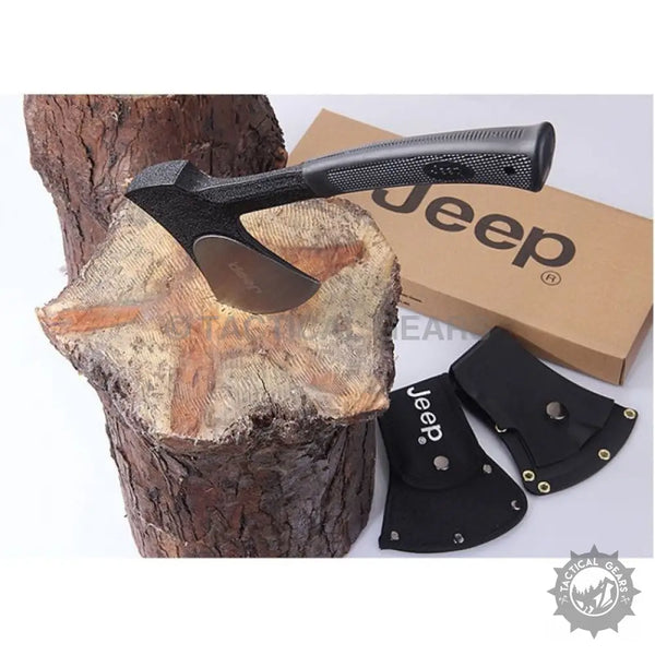 Jeep hunting axe with black textured handle and dual blade covers