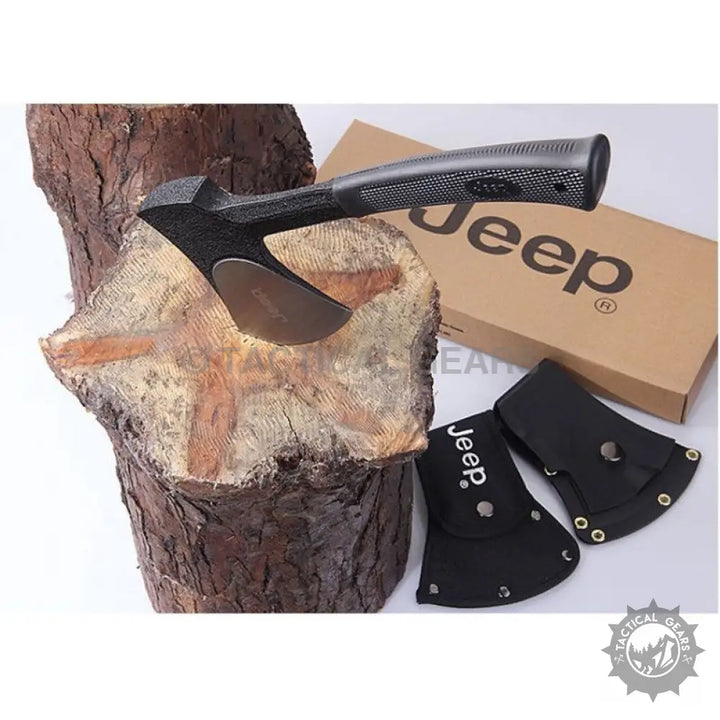 Jeep hunting axe with black textured handle and dual blade covers