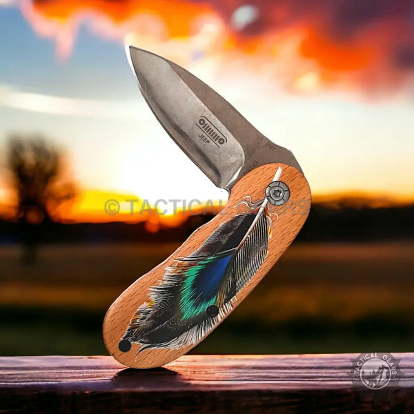 Jeep mini folding knife with wooden handle and colorful feather design, stainless steel blade