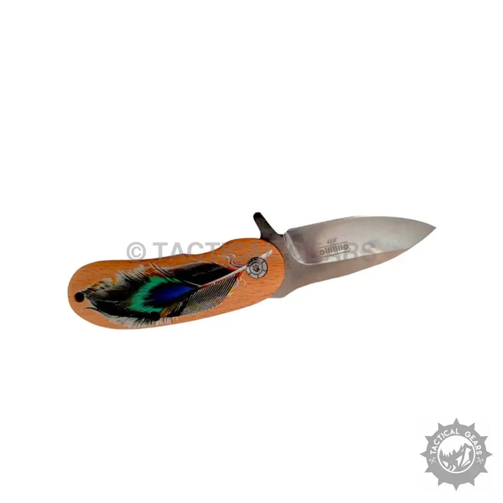 Jeep Mini folding knife with wooden handle featuring peacock feather design and stainless steel blade