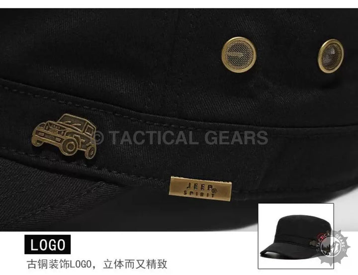 Black Jeep P Cap with bronze Jeep emblems, stylish sun protection accessory