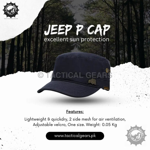Dark blue Jeep P Cap with flat top brim and metal embellishments for sun protection
