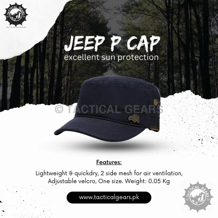 Dark blue Jeep P Cap with flat top brim and metal embellishments for sun protection