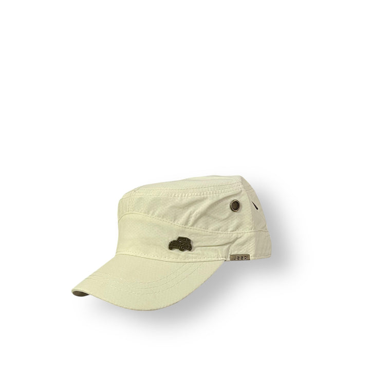 Light-colored military-style cap with car emblem from imported Jeep lot imported jeep