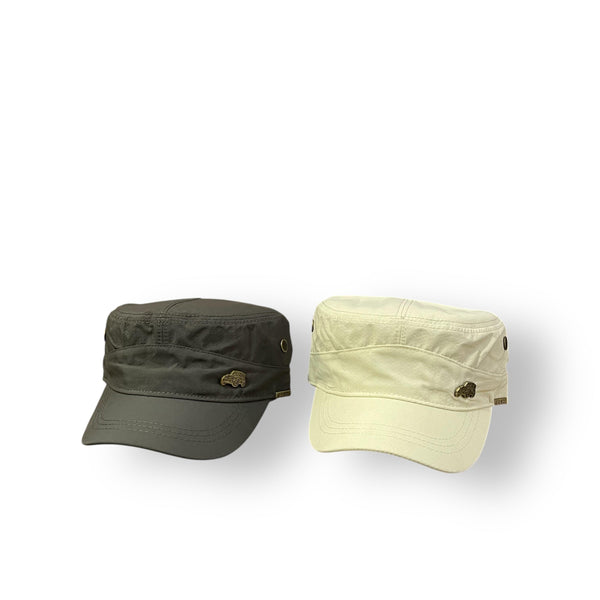 Two military-style cadet caps in olive green and beige from imported Jeep lot