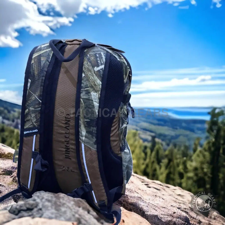 Camouflage hiking backpack with padded straps and brown back panel for outdoor items