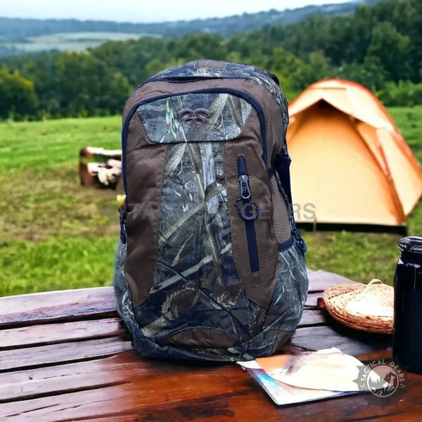 Camouflage print tactical backpack with multiple compartments for hiking and camping items
