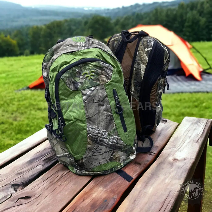 Camouflage-patterned backpack with green and brown accents for hiking and camping items