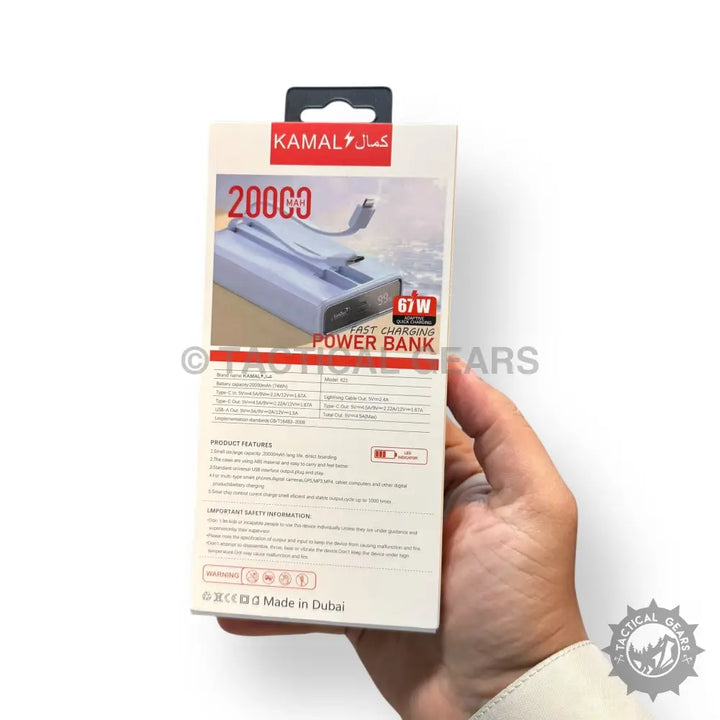 White Kamal 67W Gradient Super Fast Power Bank with 20000mAh capacity and built-in cable