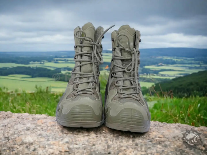 Olive green tactical boots with intricate lacing, waterproof Khaki High-Toe Tactical Boots