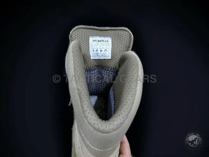 Interior view of tan tactical boots with size and care label in Khaki High-Toe Waterproof Tactical Boots