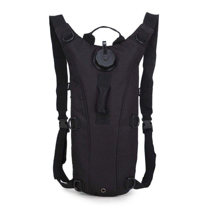 Black hydration pack with adjustable shoulder straps and top-fill opening for KMS Water Camel Pack