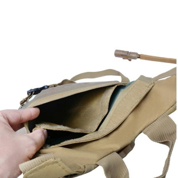 Tan tactical hydration pack with multiple compartments and comfortable shoulder strap