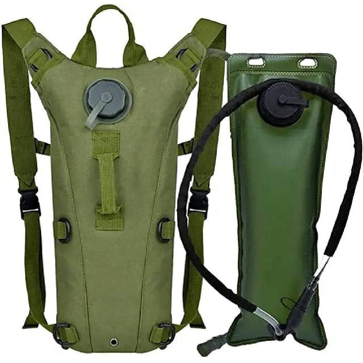 Olive green hydration backpack with shoulder strap and removable water bladder