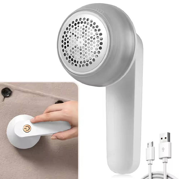 White Kolax lint remover with perforated metal head and USB cable for easy cleaning