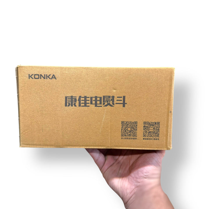 Brown cardboard box with text and QR codes for Konka Travelling Steam Iron packaging