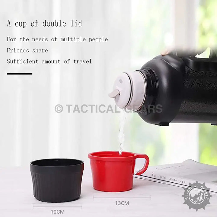 Black thermal flask pouring water into cups, ideal travel accessories and outdoor gear