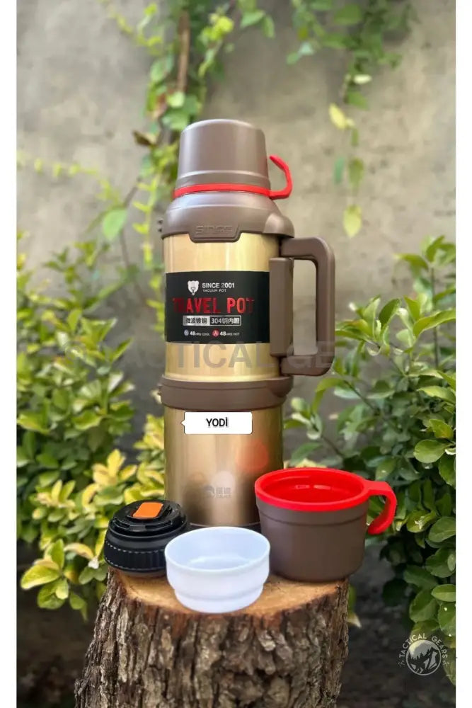 Gold and brown travel thermos with handle and cups, perfect outdoor gear and water bottle