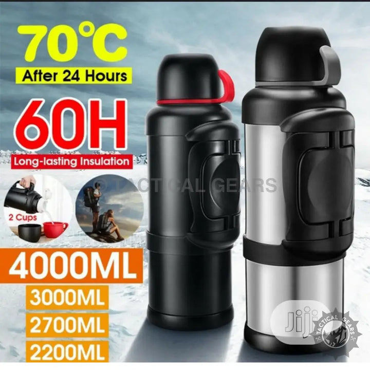 Large capacity insulated thermos ideal as a travel accessory water bottle for outdoor gear