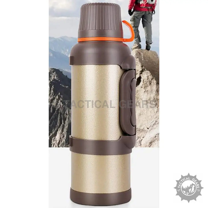 Brown and gold stainless steel vacuum flask with handle, ideal travel accessories outdoor gear