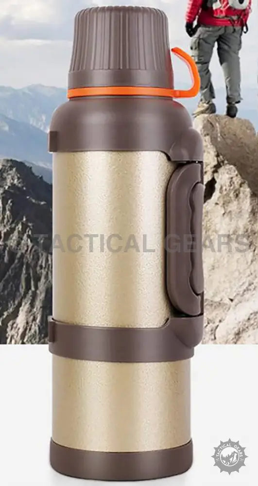 Brown and gold insulated travel thermos with handle, ideal outdoor gear and water bottle