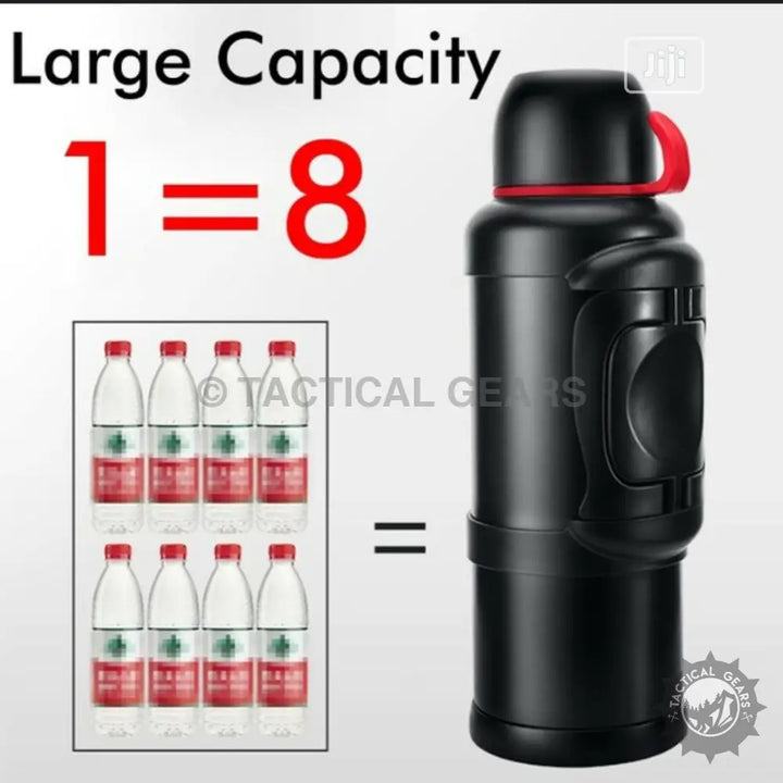 Black insulated water bottle with handle, ideal travel accessory for outdoor gear