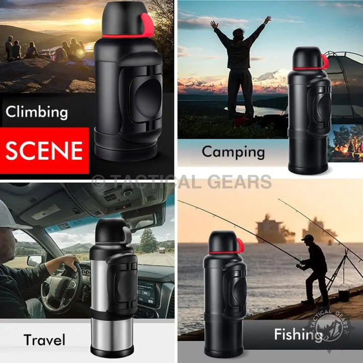 Black and silver insulated water bottle with handle for travel and outdoor gear