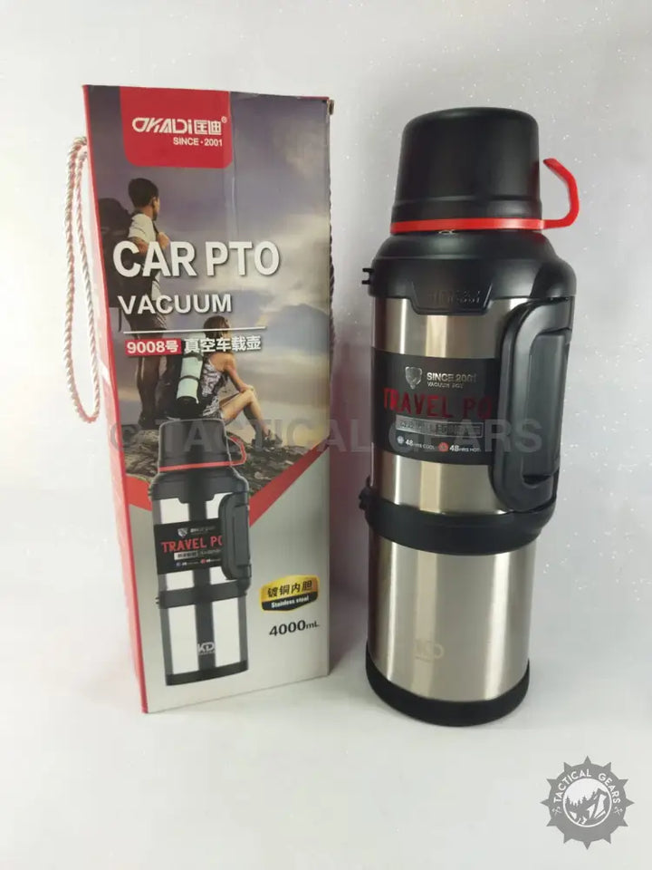 Stainless steel insulated coffee thermos with black handle, perfect travel accessory outdoor gear