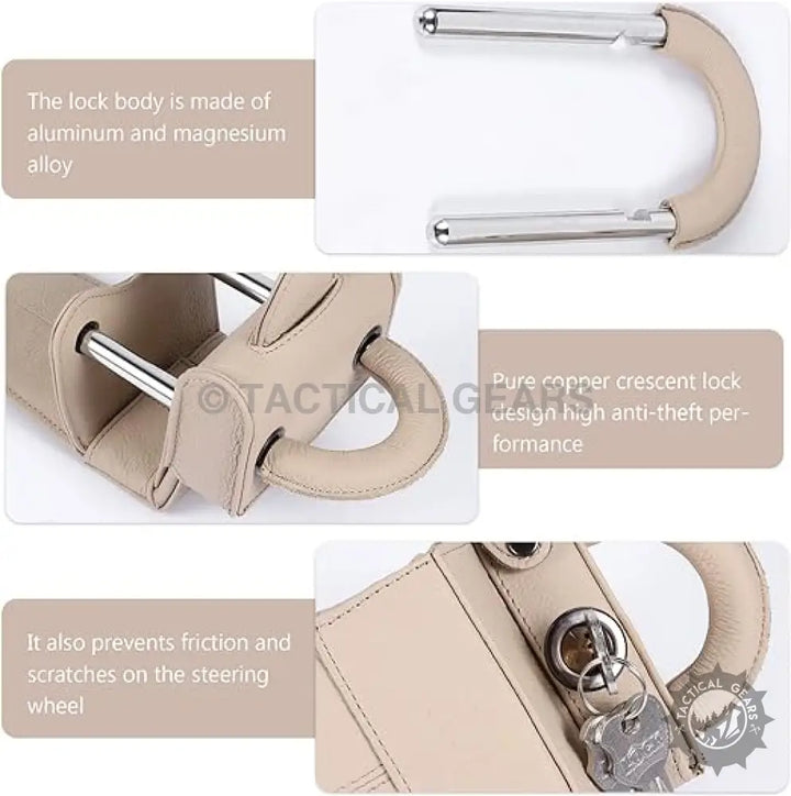 Beige Leather Anti Theft Universal Car Lock with Copper Crescent Lock and Aluminum Magnesium Body