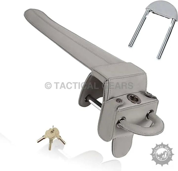 Leather anti theft universal car lock with gray leather strap and U-shaped metal bar