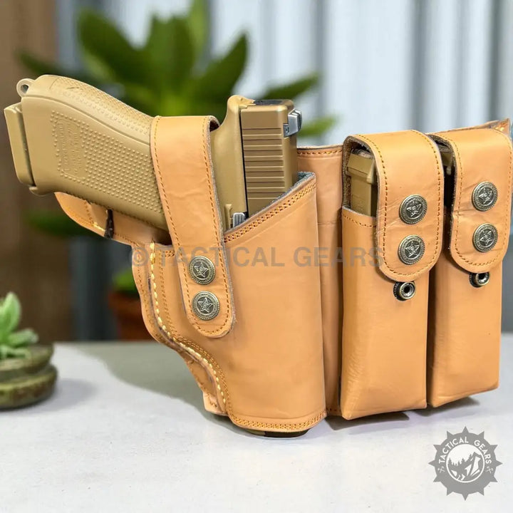 Brown leather belly holster with double magazine pouch for 9mm pistols