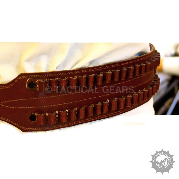 Brown leather cartridge belt with two rows of loops, perfect for a leather hip holster