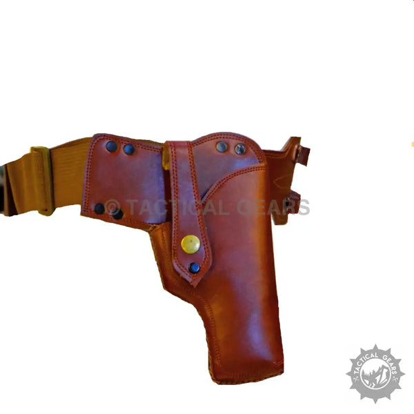 Brown leather hip holster attached to belt for Leather Hip Holster and hip holster use