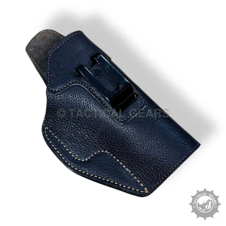 Dark blue textured leather gun holster with white stitching and black belt clip for 9MM easy draw