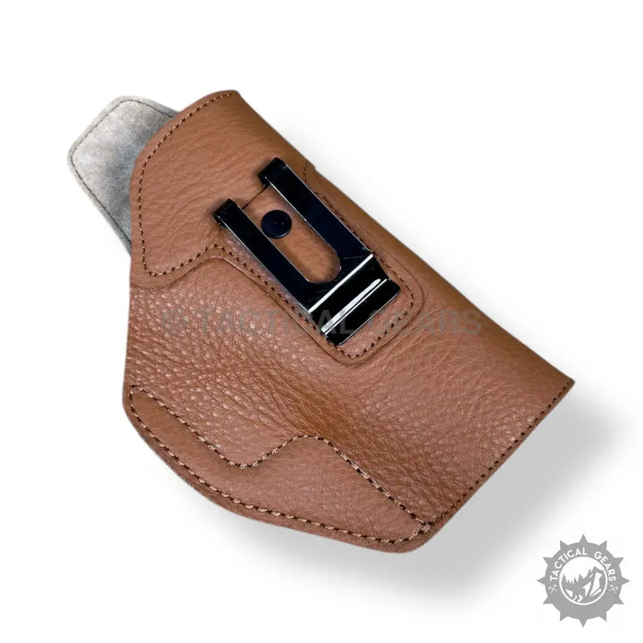 Easy-to-use brown leather gun holster with black metal clip for 9MM pistols