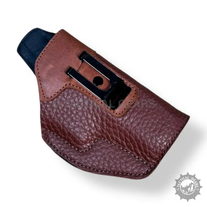 Easy-to-use brown leather gun holster with metal clip for 9MM pistols