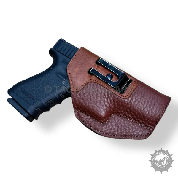 Dark brown Leather Holster For 9MM with metal clip, easy inside waistband carry
