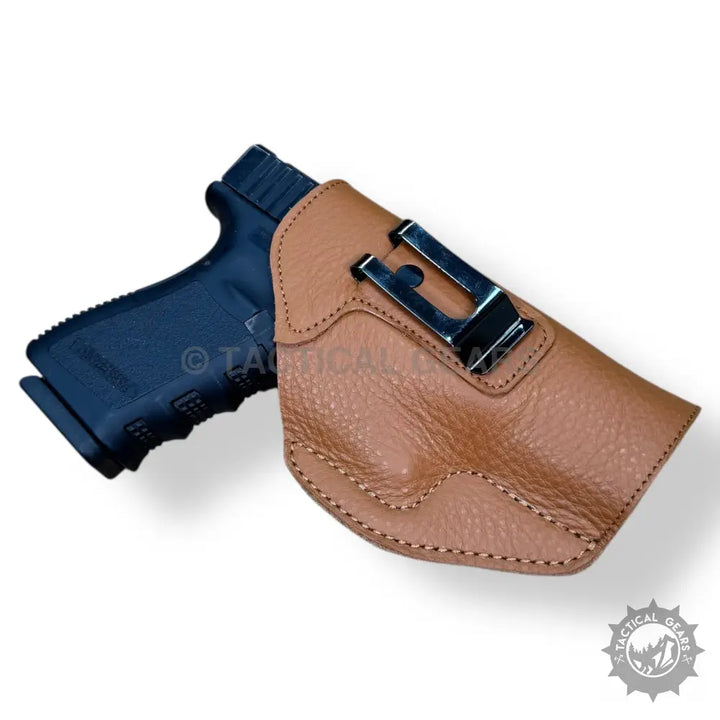 Easy-to-use Leather Holster For 9MM with black pistol and tan leather design