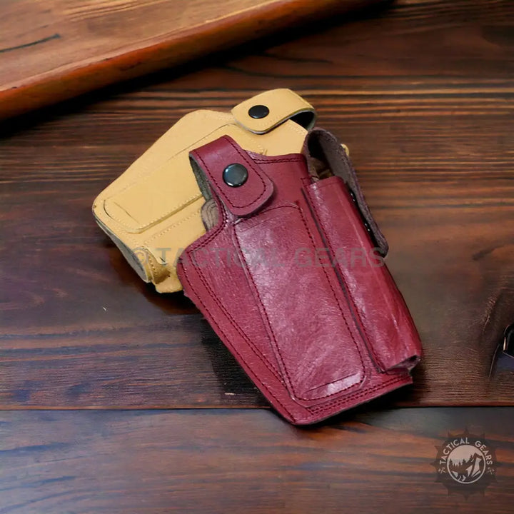 Leather Holster with Mag Pouch for firearm enthusiasts featuring tan and burgundy leather