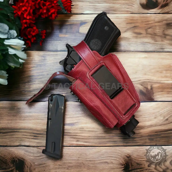 Red leather gun holster with magazine pouch for firearm enthusiasts